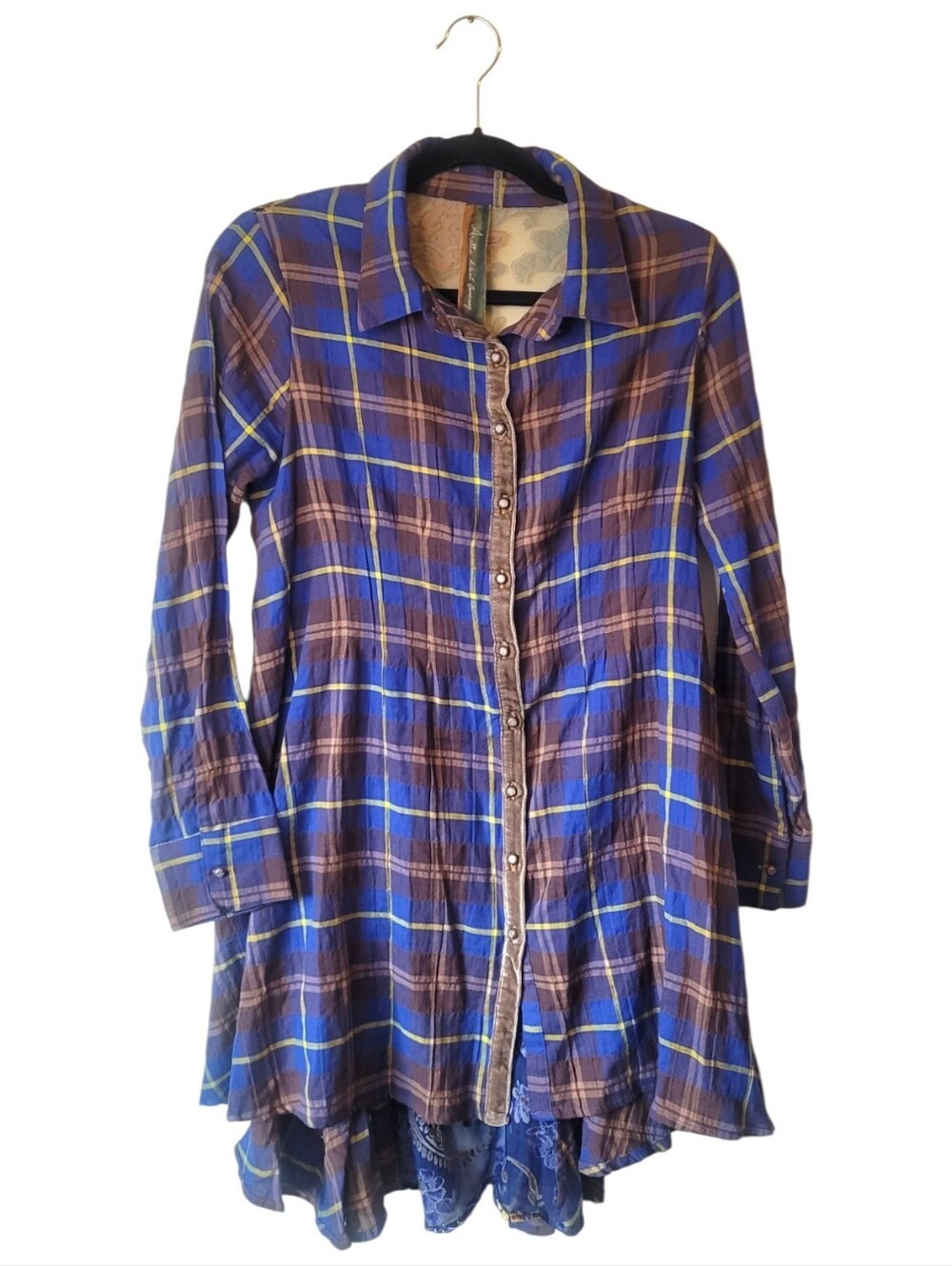 Aratta Silent Journey Plaid Blue and Brown Velvet Panel Women's Tunic Size S